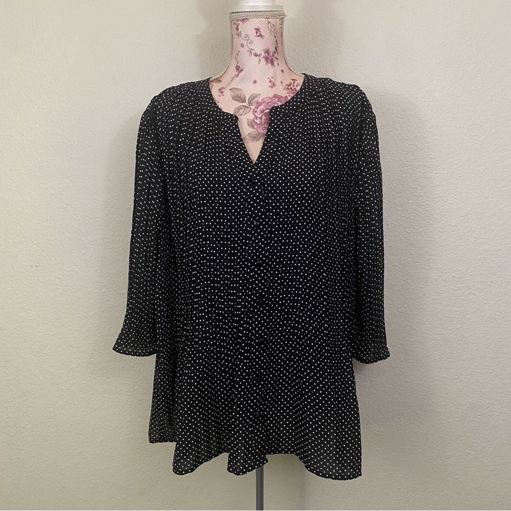 Croft & Barrow sz:XXL Black & White Polka Dot Pleated Button Down Blouse